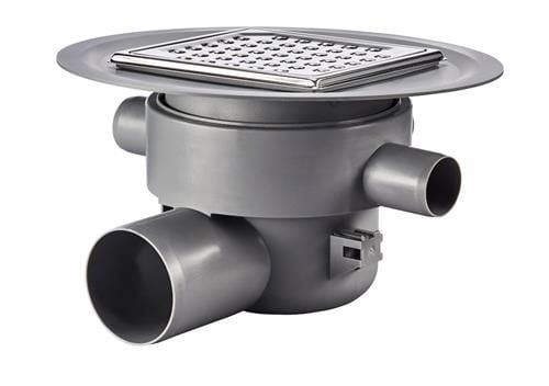 PURUS Multiflex Ø75 mm vandret udløb m/flange til smørremembran, 3 sideindløb 1XØ32mm 2XØ40mm, Rist/ramme til klinkegulv - med vandlås
