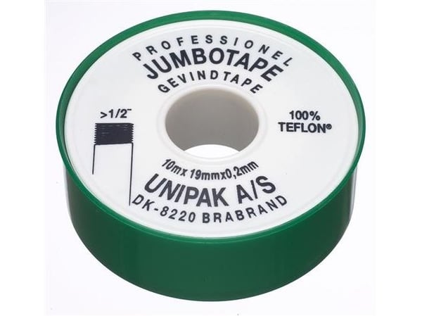 UNIPAK Jumbotape 15m 19x0,2mm til damp, drikkevand og varme Til store gevind Temperaturområde fra -200°C til +160°C