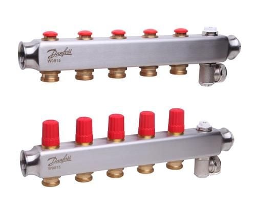 Danfoss gulvvarme Rustfrit stål manifoldsæt med 5 kredse samt udlufter & aftap
