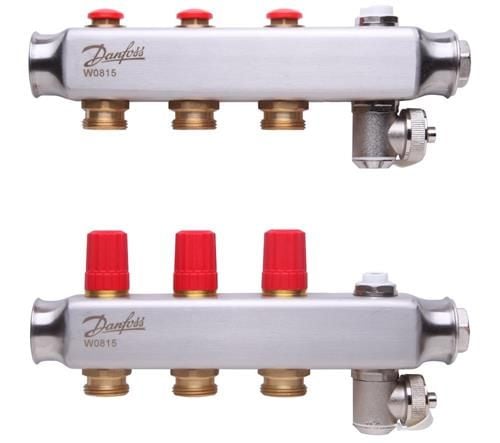 Danfoss gulvvarme Rustfrit stål manifoldsæt med 3 kredse samt udlufter & aftap