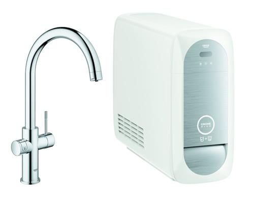 Grohe Blue Home Duo start kit - etgrebs armatur i krom med filterfunktion, C-tud, LED trykknap, WIFI/Bluetooth funktionalitet