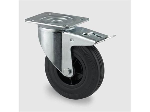 Drejeligt hjul m/ bremse sort massiv gummi Ø80 mm 70 kg rulleleje med plade Byggehøjde: 108 mm. Dri