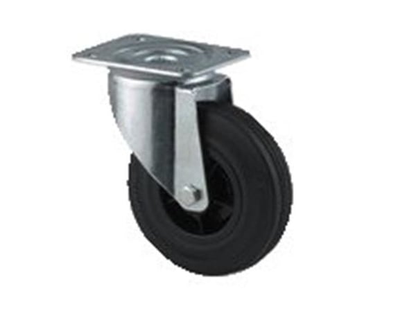Drejeligt hjul sort masiv gummi Ø100 mm 75 kg rulleleje med plade Byggehøjde: 128 mm. Driftstemperat