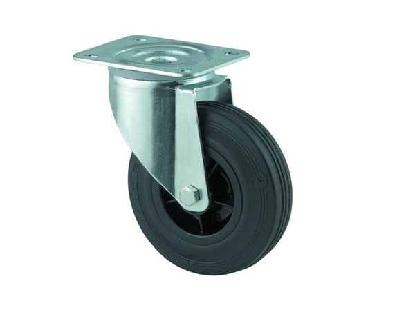 Drejeligt hjul sort massiv gummi Ø200 mm 200 kg rulleleje med plade Byggehøjde: 240 mm. Driftstempe