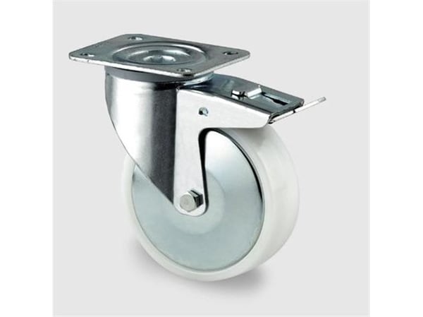 Drejeligt hjul m/ bremse polyamid Ø100 mm 200 kg glideleje med plade Byggehøjde: 128 mm. Driftstempe