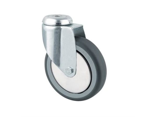 Drejeligt hjul gummi Ø75 mm glideleje 75 kg med bolthul Byggehøjde: 100 mm. Driftstemperatur: -20°/