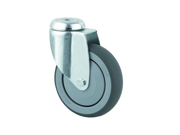 Drejeligt hjul gummi Ø100 mm 100 kg DIN-kugleleje med bolthul Byggehøjde: 135 mm. Driftstemperatur: