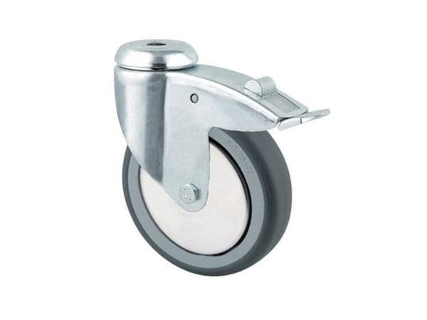 Drejeligt hjul med bremse gummi 75 mm 75 kg glideleje med bolthul Byggehøjde: 100 mm. Driftstemperat