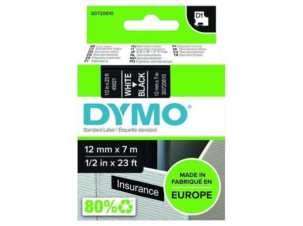 DYMO D1 - vakiopolyesteritarrat - Valkoinen mustalla -12mm x 7m, Valkoinen mustalla, D1, Polyesteri, Belgia, -18 - 90 °C, DYMO