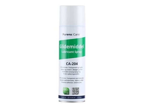 Glidemiddel 500ml spray . Drivmiddel kulsyre, 95 % silicone. Anvendes til plast og gummimontering. Transparent og lugtfri