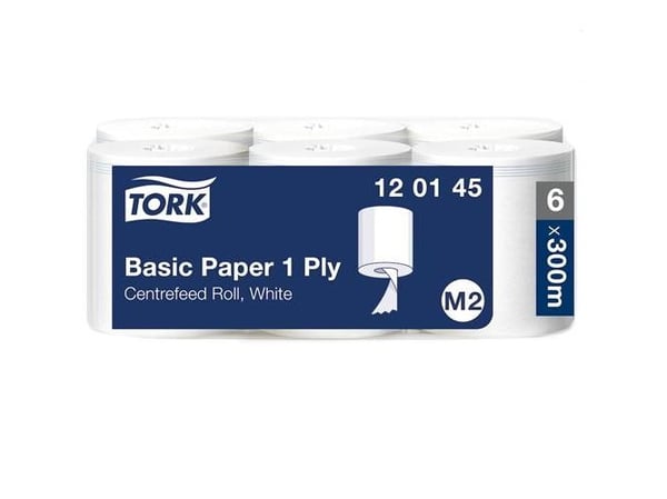 Aftørringspapir Tork M2 Basic centerfeed 1-lags hvid 300m - (6 ruller pr. karton)