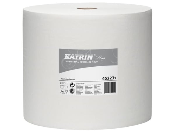 Aftørringsrulle Industri Katrin Plus 1-lag Ø37cm B32cmxL1110m Nyfiber Hvid,1 Rl