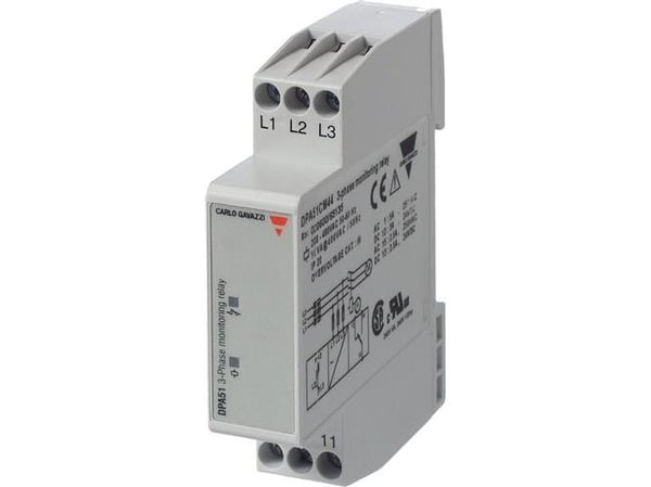 CARLO GAVAZZI Fasefølge-/fasebrudsrelæ 208-480V AC1 polet skiftekontaktsæt 5A til DIN-skinne