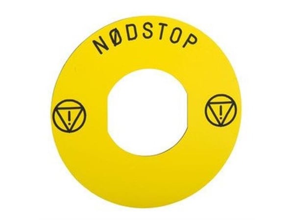 Skilt Ø60 gul med dansk "nødstop"