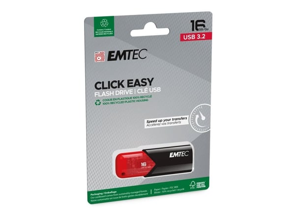 Emtec Click Easy, 16 GB, USB A-tyyppi, 3.2 Gen 2 (3.1 Gen 2), Ilman suojusta, Musta, Punainen