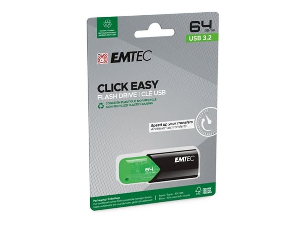EMTEC B110 Click Easy 3.2 - USB-flashstasjon - 64 GB - USB 3.2 Gen 1 - grønn, svart