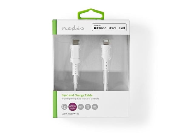Nedis CCGW39650WT10, 1 m, Lightning, USB C, Uros, Uros, Valkoinen