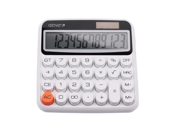 Genie 612 W, Desktop, Grunnleggende, 12 sifre, Vippbar skjerm, Batteri/Solcelle, Hvit