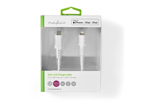 Nedis - Lightning-kabel - Lightning hann til 24 pin USB-C hann - 2 m - hvit - rund, USB Power Delivery (3A, 60W)