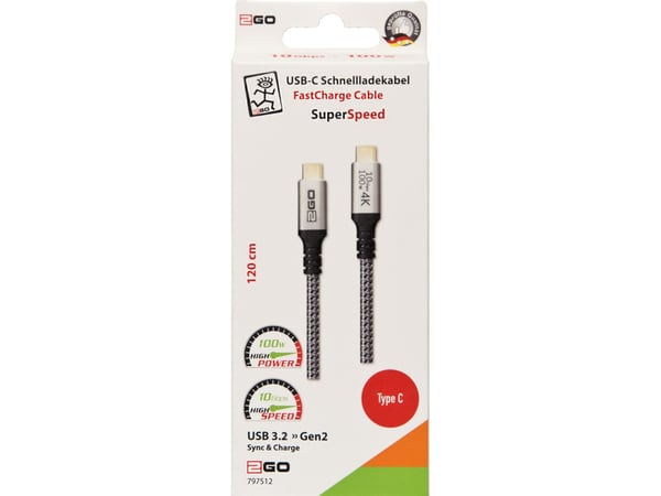 2GO 797512, 1,2 m, USB C, USB C, USB 3.2 Gen 2 (3.1 Gen 2), 10 Gbit/s, Sort, Sølv