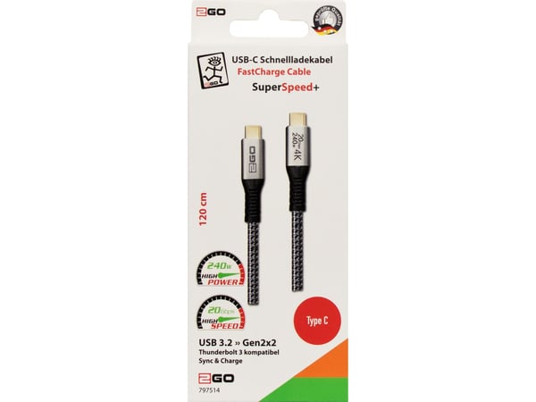 2GO 797514, 1,2 m, USB C, USB C, USB 3.2 Gen 2x2, 20 Gbit/s, Sort, Sølv