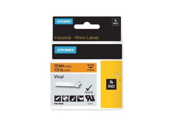 DYMO - Selv-adhesiv - sort på oransje - Rull (1,2 cm x 5,5 m) 1 rull(er) vinyl - for Rhino 4200, 6000, 6000 Hard Case Kit; RhinoPRO 1000, 3000, 5000