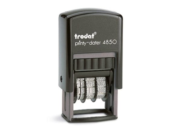 Trodat Printy 4850/L7 - Stämpel - 2-färgers (blått, rött) - lagertext, datum - 3.8 mm - GEBUCHT - 25 x 14 mm - svart handtag