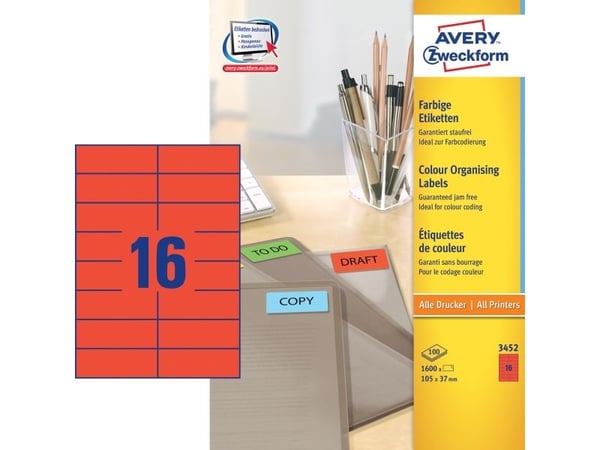 Avery - Rød - 105 x 37 mm 1600 etikett(er) (100 ark x 16) filmappeetiketter