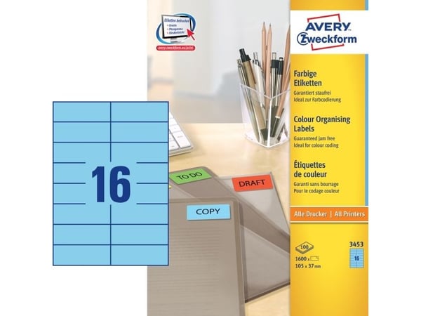 Avery Universal Labels, Blue 105x37mm, 105 x 37, 1600 kpl, 100 arkkia