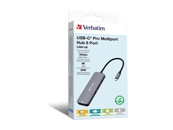 Verbatim CMH 08 - Hub - 1 x HDMI + 1 x USB-C (strømlevering) + 3 x USB-A 3.2 Gen 1 - stasjonær