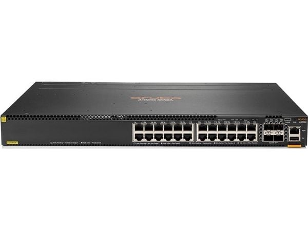 HPE Aruba 6300M - Switch - L3 - Administrerad - 48 x 10/100/1000 + 4 x 1 Gb/10 Gb/25 Gb/50 Gb SFP56 (upplänk/stapling) - framsidan och sida till ba...
