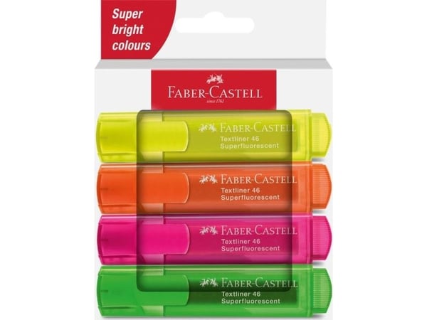Faber-Castell Textmarker 46 Superfluorescent, 4 stk, grønn, oransje, rosa, gul, meiselspiss, 1 mm, 5 mm, vannbasert blekk
