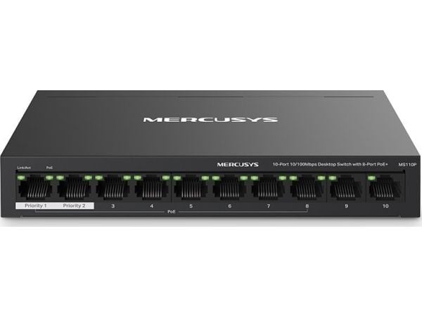 Mercusys MS110P, Håndtert, Fast Ethernet (10/100), Full tosidig, Strøm over Ethernet (PoE), Kan monteres på vegg