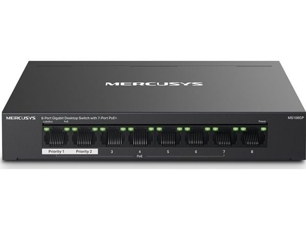 Mercusys MS108GP, Håndtert, Gigabit Ethernet (10/100/1000), Full tosidig, Strøm over Ethernet (PoE), Kan monteres på vegg