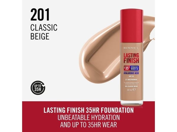 Rimmel Lasting Finish Hydration Boost 35H, Pumpe flaske, Væske, Alle hudtyper, Fuktighetsgivende, Nærende, Beskyttelse, Utjevning, Medium, Cool