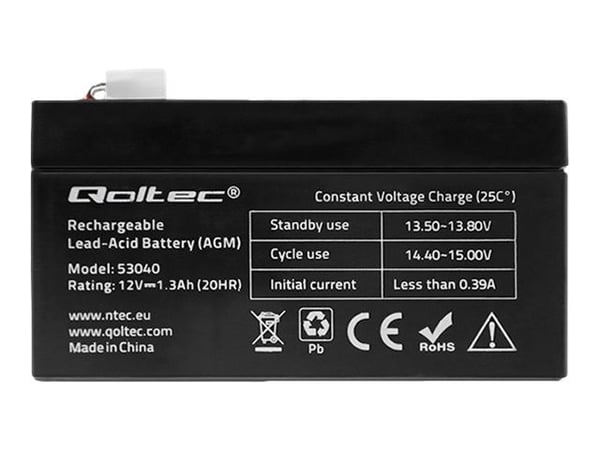 Qoltec 53040, akkuparisto (VRLA), 12 V, Sort, 1,3 At, 10 År, 19,5 A