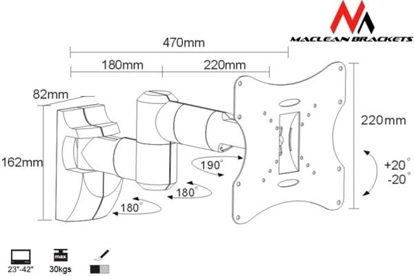 Maclean - Brakett - for LCD-skjerm - sølv - skjermstørrelse: 23" - 42"