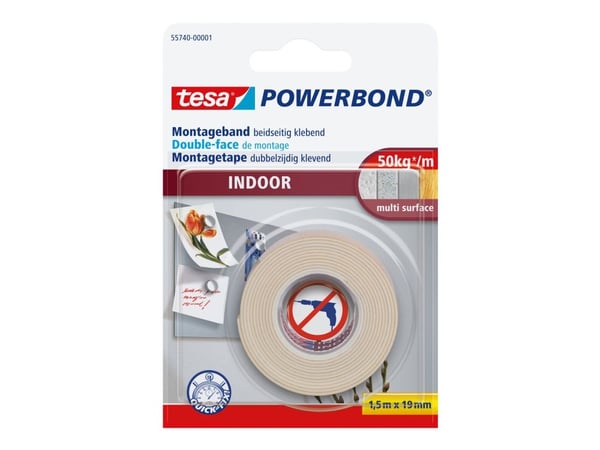 Tesa Powerbond - Dobbelsidig tape - 19 mm x 1.5 m - hvit