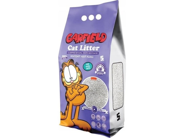 Leke til katt Garfield, bentonitt kattesand, lavendel 5L