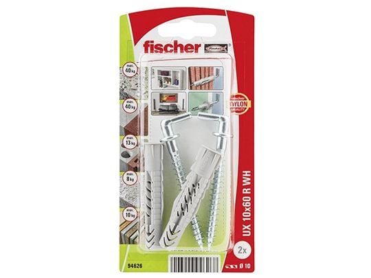 Fischer 94626, Skruekrok og veggpluggsett, Murstein, Betong, Gipsplater, Nylon, Grå, CE, 1 cm