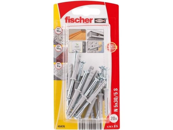 Fischer 45476, Skrue- og veggpluggsett, Murstein, Betong, Pozidriv, PZ2, 30 mm, 5 mm