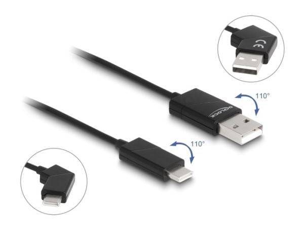 Delock - USB-kabel - USB (hann) vinklet til 24 pin USB-C (hann) vinklet - USB 2.0 - 20 V - 3 A - 1.2 m - Rask lading, rotatable plugs - svart