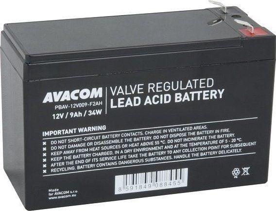 AVACOM PBAV-12V009-F2AH, Slutna blybatterier (VRLA), 12 V, 1 styck, Svart, 9 Ah, 2,6 kg