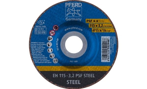 PFERD 61740126, Kutteskive, Stål, 11,5 cm, Alle merker, Flatt senter, 2,22 cm