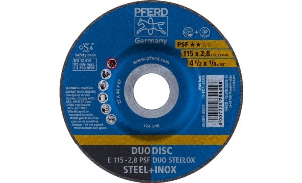 PFERD E 115-2,8 PSF DUO STEELOX, Stål, Rustfritt stål, PFERD, 2,22 cm, 11,5 cm, 13300 o/min, 10 stk