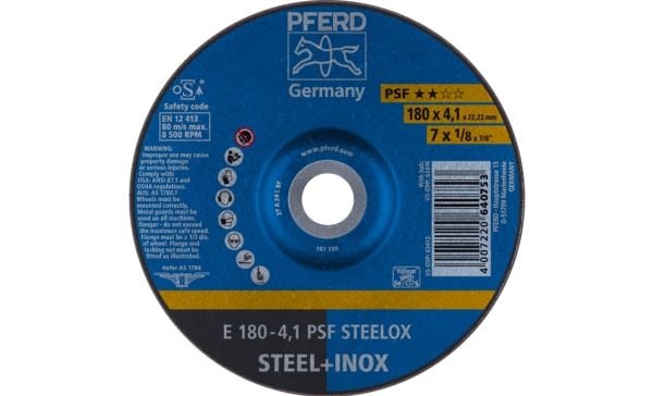 PFERD E 180-4,1 PSF STEELOX, metall, 8500 o/min, 18 cm, 4,1 mm, 10 stk.