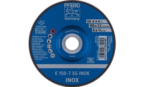 PFERD E 150-7 SG INOX, metall, 10200 o/min, 15 cm, 7,2 mm, 10 stk.