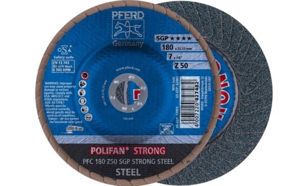 PFERD POLIFAN flap discs zirconia alumina Z SGP STRONG STEEL, 18 cm, 10 stykker