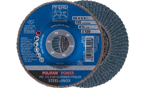 PFERD POLIFAN flap discs zirconia alumina Z SG POWER STEELOX, 11,5 cm, 10 stykker