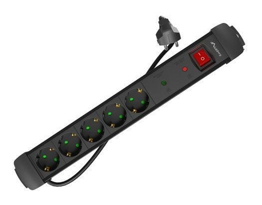 Lanberg SP1-05F-0500-BK, 5 m, Sisätila, Tyyppi F, Suora, Ylikuormitussuojaus, Muovi